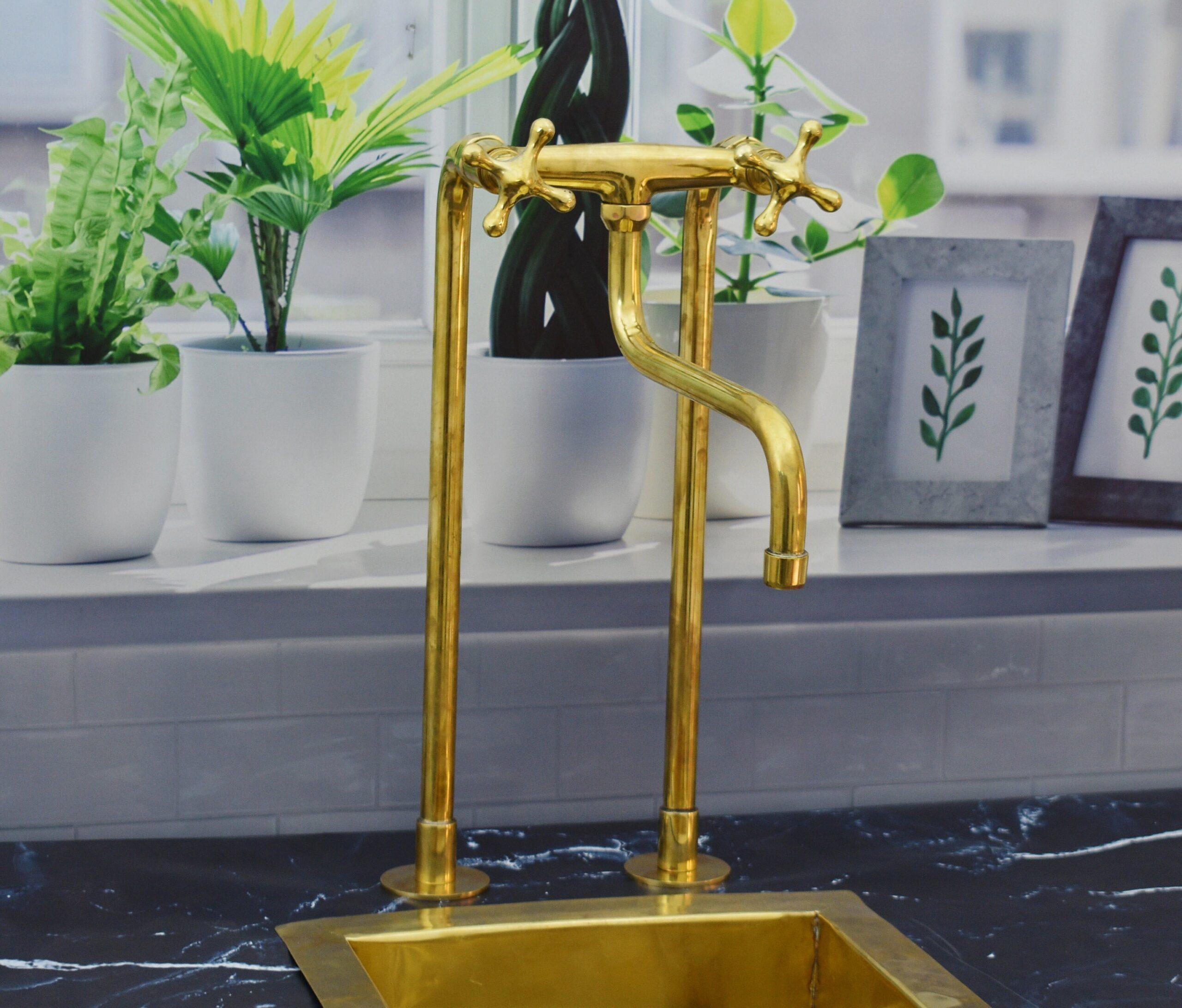 Solid Brass Antique Kitchen Faucet with simple cross handles
